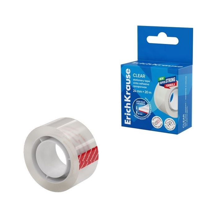 ErichKrause Clear Cinta Adhesiva - Alta Adhesion - 24mm de Ancho - 20 Metros - Resistente a la Luz - Color Transparente