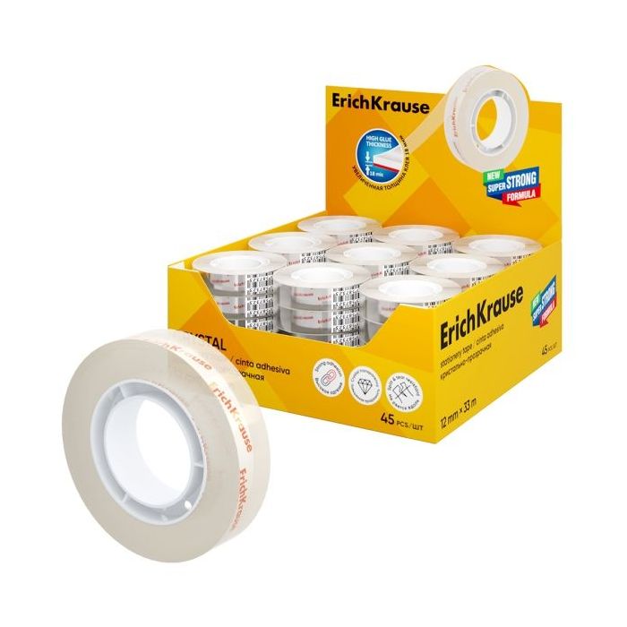 ErichKrause Crystal Expositor con 45 Cintas Adhesivas - Alta Adhesion - 12mm de Ancho - 33 Metros - Resistente al Desgarro Longi