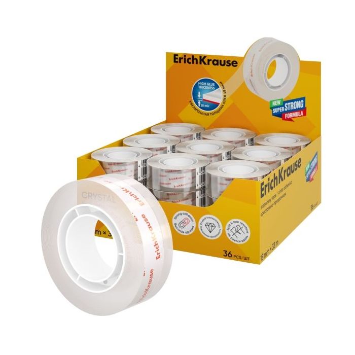 ErichKrause Crystal Expositor con 36 Cintas Adhesivas - Alta Adhesion - 18mm de Ancho - 33 Metros - Resistente al Desgarro Longi