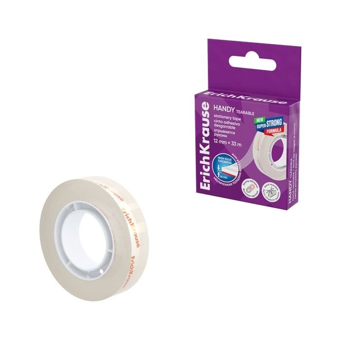 ErichKrause Handy tearable Cinta Adhesiva - Alta Adhesion - 12mm de Ancho - 33 Metros - Resistente al Desgarro Longitudinal - Co