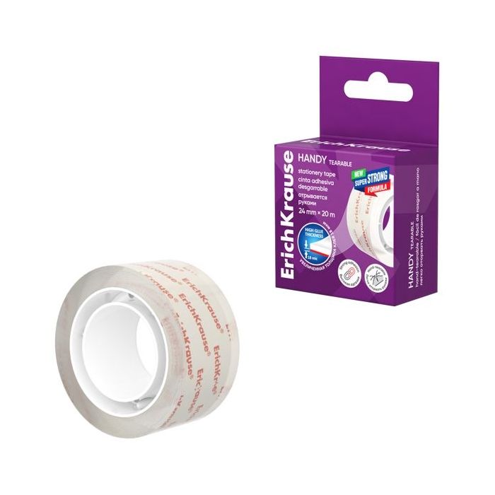 ErichKrause Handy tearable Cinta Adhesiva - Alta Adhesion - 24mm de Ancho - 20 Metros - Resistente al Desgarro Longitudinal - Co