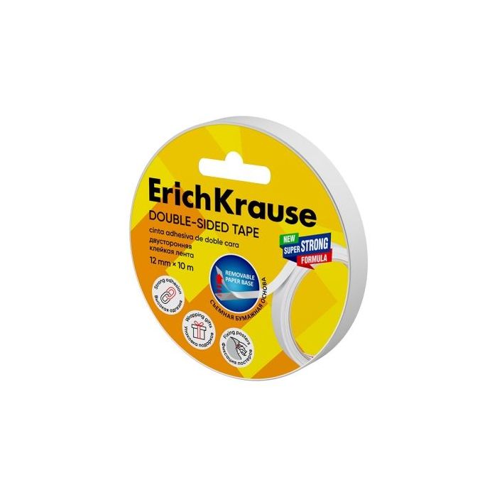 ErichKrause Cinta Adhesiva de Doble Cara - 1mm de Grosor - 12mm de Ancho - 10 Metros - Alta Adhesion - Base de Papel Extraible -