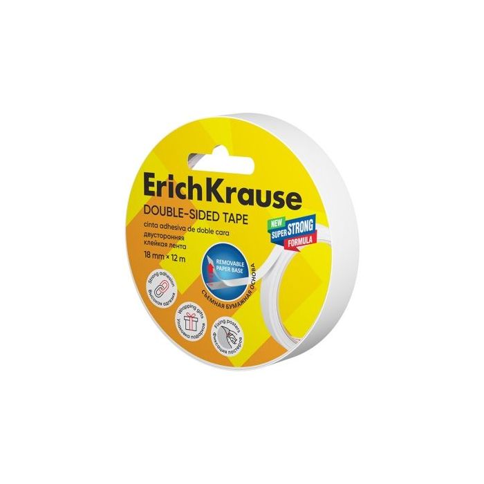 ErichKrause Cinta Adhesiva de Doble Cara - 1mm de Grosor - 18mm de Ancho - 12 Metros - Alta Adhesion - Base de Papel Extraible -