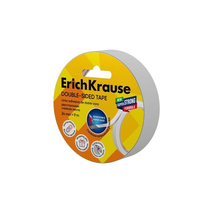 ErichKrause Cinta Adhesiva de Doble Cara - 1mm de Grosor - 24mm de Ancho - 9 Metros - Alta Adhesion - Base de Papel Extraible -