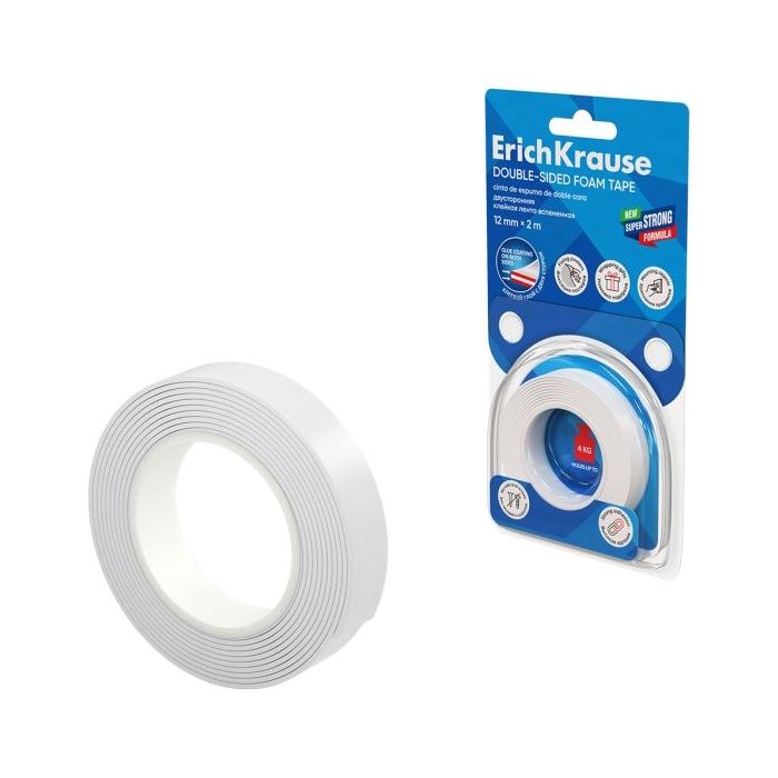 ErichKrause Cinta Adhesiva de Doble Cara - Espuma - Soporta hasta 4kg/m2 - 1mm de Grosor - 12mm de Ancho - 2 Metros - Alta Adhes