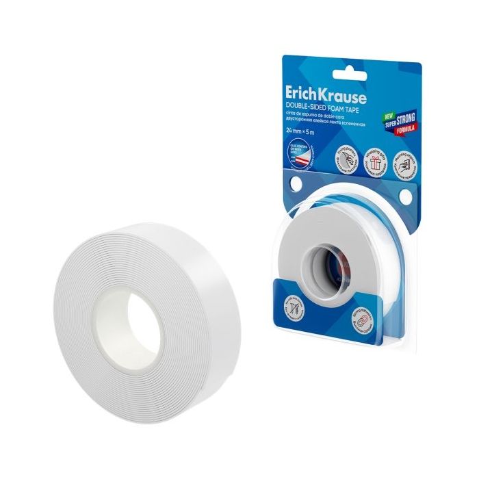 ErichKrause Cinta Adhesiva de Doble Cara - Espuma - Soporta hasta 8kg/m2 - 1mm de Grosor - 24mm de Ancho - 5 Metros - Alta Adhes