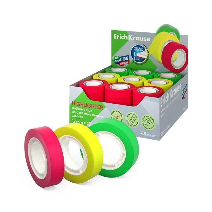 ErichKrause Highlighter Expositor con 45 Cintas Adhesivas - Alta Adhesion - 12mm de Ancho - 20 Metros - Superficie Mate Antidesl