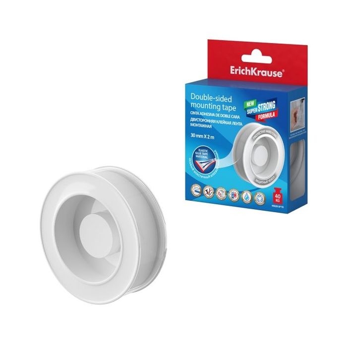 ErichKrause Cinta Adhesiva de Doble Cara - 1mm de Grosor - Soporta hasta 40kg/m2 - 30mm de Ancho - 2 Metros - Alta Adhesion - Re