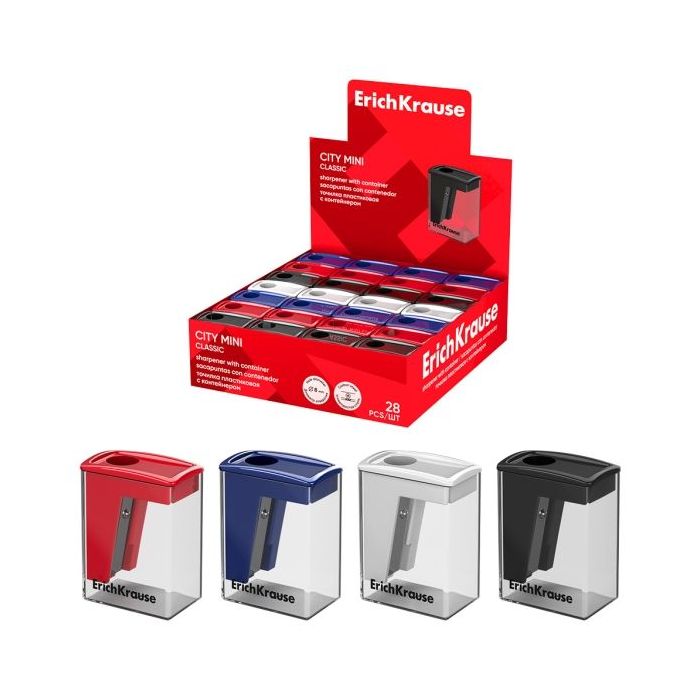 ErichKrause City Mini Classic Expositor con 28 Sacapuntas con Contenedor - Plastico - Cuchilla Niquelada de Acero al Carbono - O