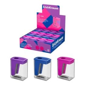 ErichKrause City Mini Vivid Expositor con 28 Sacapuntas con Contenedor - Plastico - Cuchilla Niquelada de Acero al Carbono - Ori