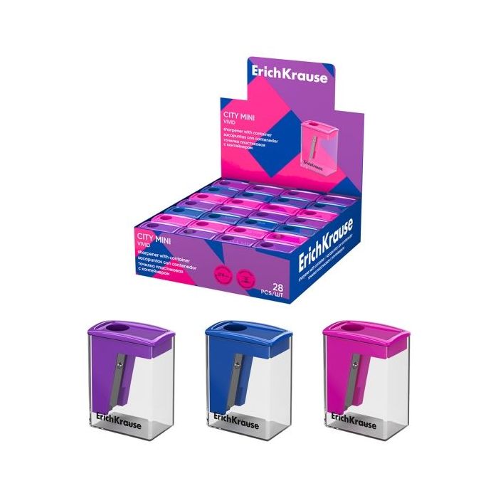 ErichKrause City Mini Vivid Expositor con 28 Sacapuntas con Contenedor - Plastico - Cuchilla Niquelada de Acero al Carbono - Ori