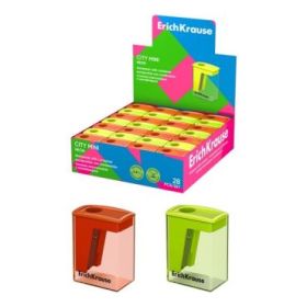 ErichKrause City Mini Neon Expositor con 28 Sacapuntas con Contenedor - Plastico - Cuchilla Niquelada de Acero al Carbono - Orif