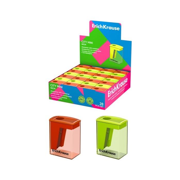 ErichKrause City Mini Neon Expositor con 28 Sacapuntas con Contenedor - Plastico - Cuchilla Niquelada de Acero al Carbono - Orif