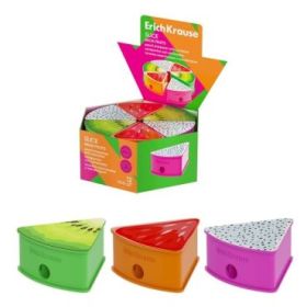ErichKrause Slice Neon Fruits Expositor con 12 Sacapuntas con Contenedor - Plastico - Cuchilla Niquelada de Acero al Carbono - O