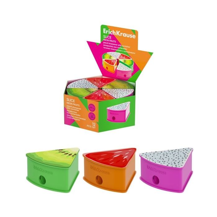 ErichKrause Slice Neon Fruits Expositor con 12 Sacapuntas con Contenedor - Plastico - Cuchilla Niquelada de Acero al Carbono - O