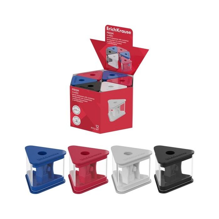 ErichKrause Prism Classic Expositor con 12 Sacapuntas con Contenedor - Plastico - Cuchilla Niquelada de Acero al Carbono - Orifi