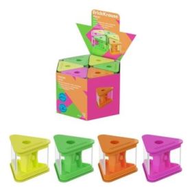 ErichKrause Prism Neon Expositor con 12 Sacapuntas con Contenedor - Plastico - Cuchilla Niquelada de Acero al Carbono - Orificio