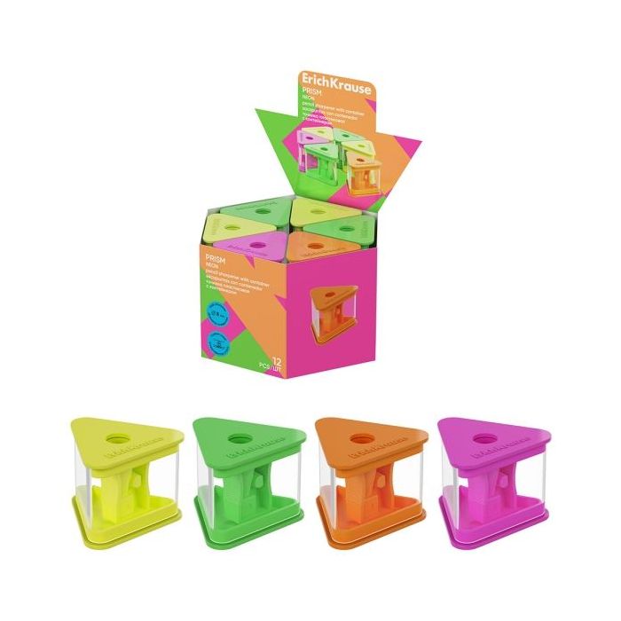 ErichKrause Prism Neon Expositor con 12 Sacapuntas con Contenedor - Plastico - Cuchilla Niquelada de Acero al Carbono - Orificio