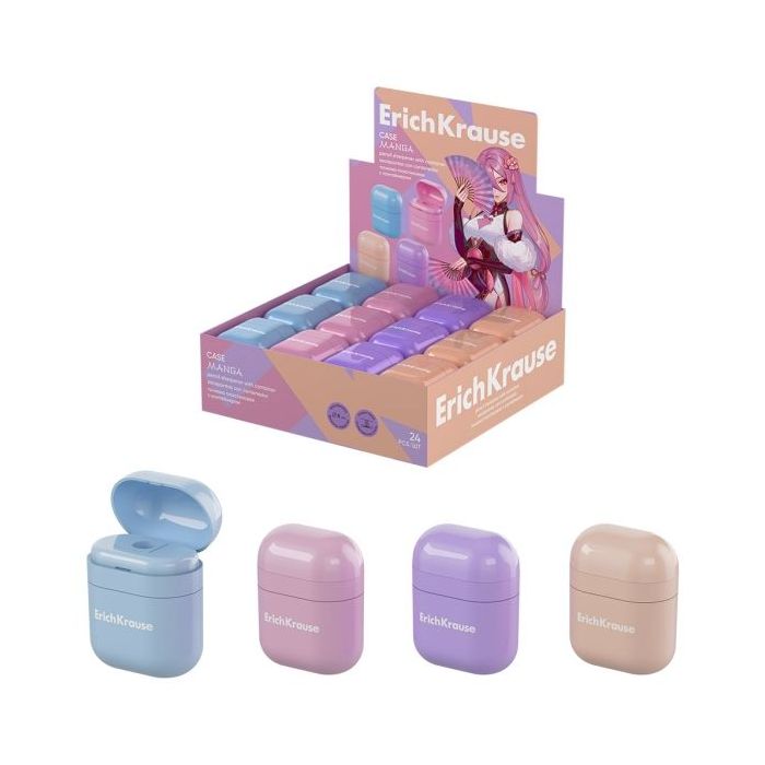 ErichKrause Case Manga Expositor con 24 Sacapuntas con Contenedor - Plastico - Cuchilla Niquelada de Acero al Carbono - Orificio