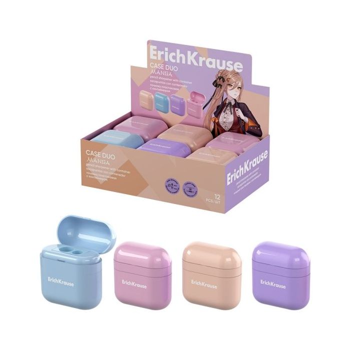 ErichKrause Case Duo Manga Expositor con 12 Sacapuntas con Contenedor - Plastico - 2 Orificios de 8 y 11mm - Cuchilla Niquelada