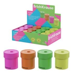 ErichKrause Flask Neon Expositor con 12 Sacapuntas con Contenedor - Plastico - Cuchilla Niquelada de Acero al Carbono - Orificio