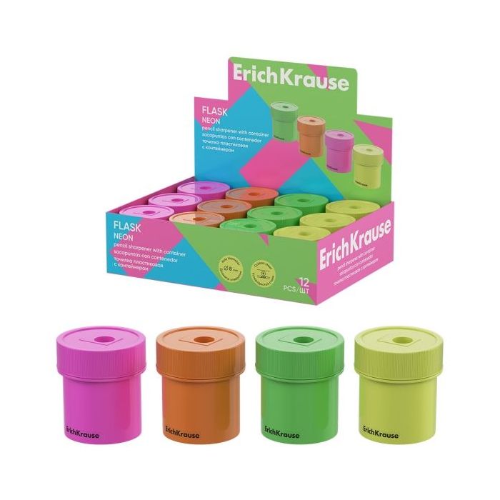 ErichKrause Flask Neon Expositor con 12 Sacapuntas con Contenedor - Plastico - Cuchilla Niquelada de Acero al Carbono - Orificio