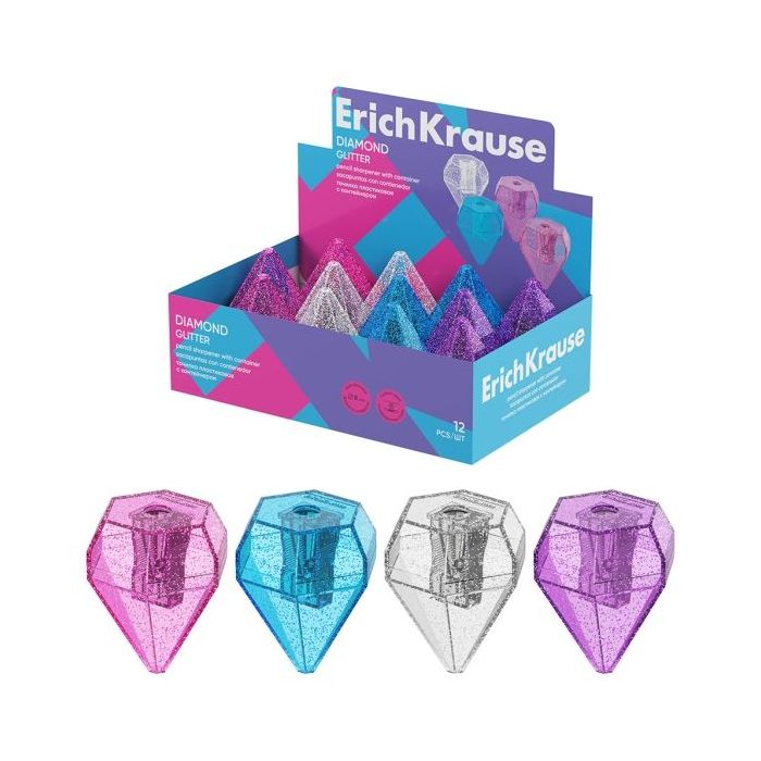 ErichKrause Diamond Expositor con 12 Sacapuntas con Contenedor - Plastico - Cuchilla Niquelada de Acero al Carbono - Orificio de