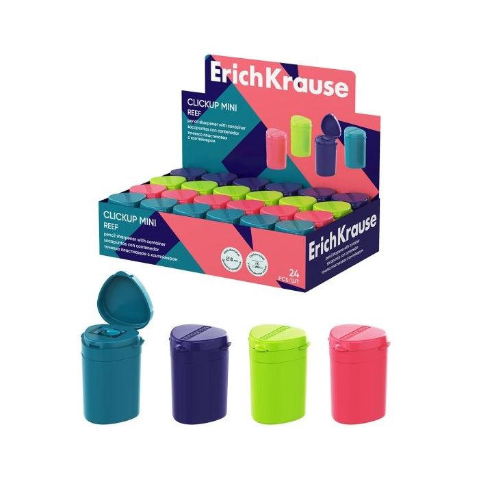 ErichKrause ClickUp Mini Reef Expositor con 24 Sacapuntas con Contenedor - Plastico - Cuchilla Niquelada de Acero al Carbono - O