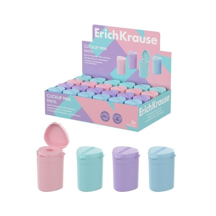 ErichKrause ClickUp Mini Pastel Expositor con 24 Sacapuntas con Contenedor - Plastico - Cuchilla Niquelada de Acero al Carbono -