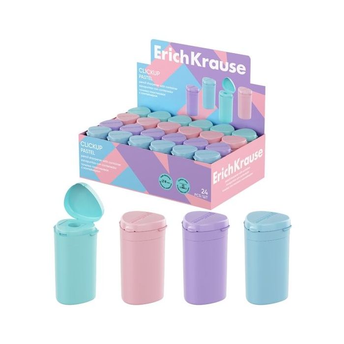 ErichKrause ClickUp Pastel Expositor con 24 Sacapuntas con Contenedor - Plastico - Cuchilla Niquelada de Acero al Carbono - Orif