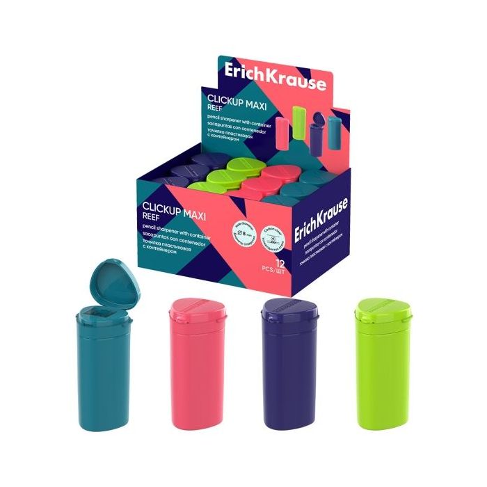 ErichKrause ClickUp Maxi Reef Expositor con 12 Sacapuntas con Contenedor - Plastico - Cuchilla Niquelada de Acero al Carbono - O