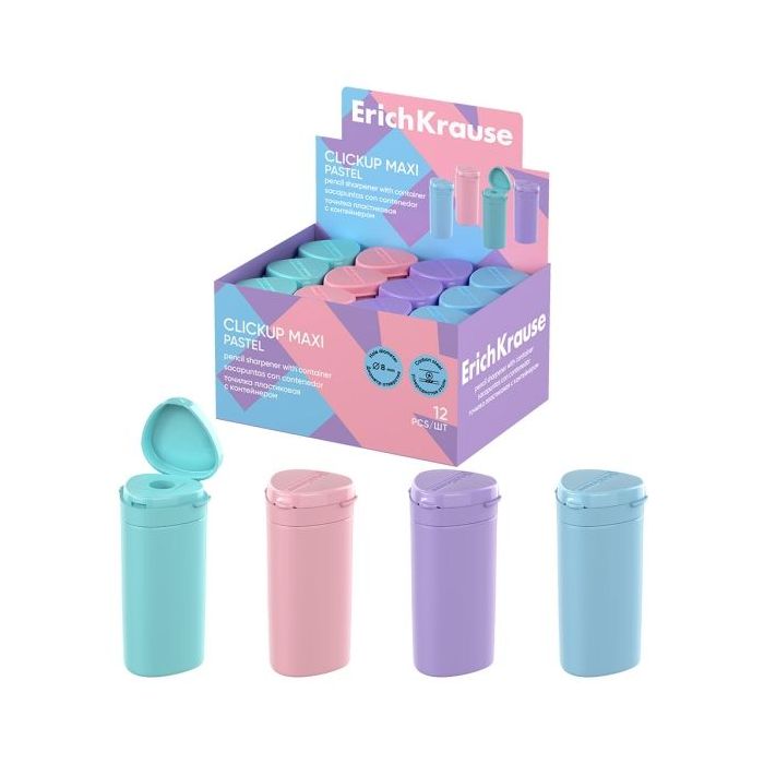 ErichKrause ClickUp Maxi Pastel Expositor con 12 Sacapuntas con Contenedor - Plastico - Cuchilla Niquelada de Acero al Carbono -