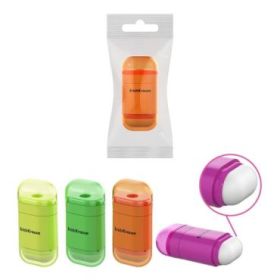 ErichKrause JOY Neon Sacapuntas con Contenedor - Goma de Borrar - Plastico - Cuchilla Niquelada de Acero al Carbono - Orificio d