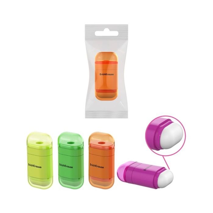 ErichKrause JOY Neon Sacapuntas con Contenedor - Goma de Borrar - Plastico - Cuchilla Niquelada de Acero al Carbono - Orificio d