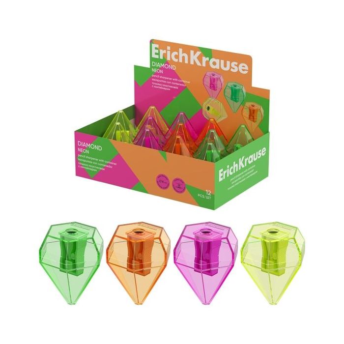 ErichKrause Diamond Neon Expositor con 12 Sacapuntas con Contenedor - Plastico - Cuchilla Niquelada de Acero al Carbono - Orific