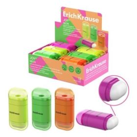 ErichKrause JOY Neon Expositor con 12 Sacapuntas con Contenedor - Goma de Borrar - Plastico - Cuchilla Niquelada de Acero al Car