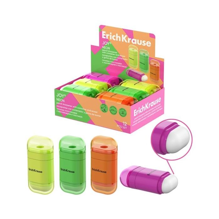 ErichKrause JOY Neon Expositor con 12 Sacapuntas con Contenedor - Goma de Borrar - Plastico - Cuchilla Niquelada de Acero al Car
