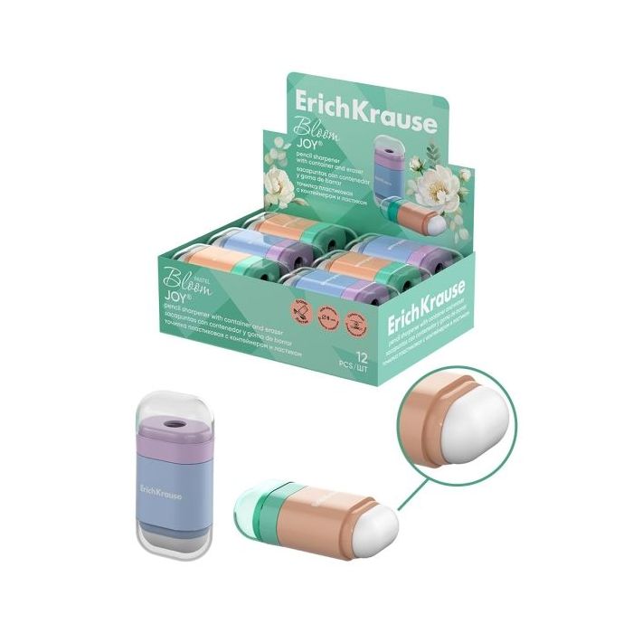 ErichKrause JOY Pastel Bloom Expositor con 12 Sacapuntas con Contenedor - Goma de Borrar - Plastico - Cuchilla Niquelada de Acer