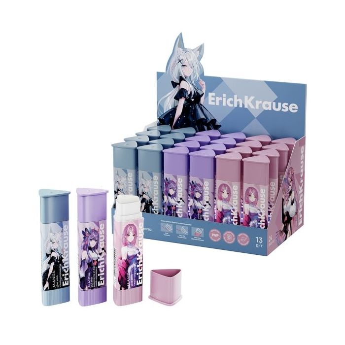 ErichKrause Prism Manga Expositor con 24 Pegamentos en Barra - 13g - No Toxico - Facil de Lavar con Agua - sin Disolventes - Mul