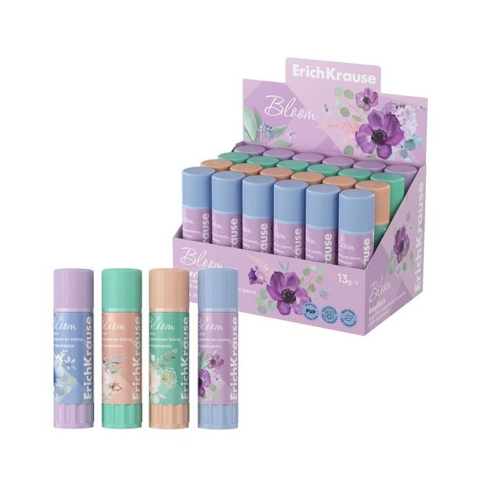 ErichKrause EasyStick Pastel Bloom Expositor con 24 Pegamentos en Barra - 13g - No Toxico - Adhesion Fuerte - Multisuperficie -