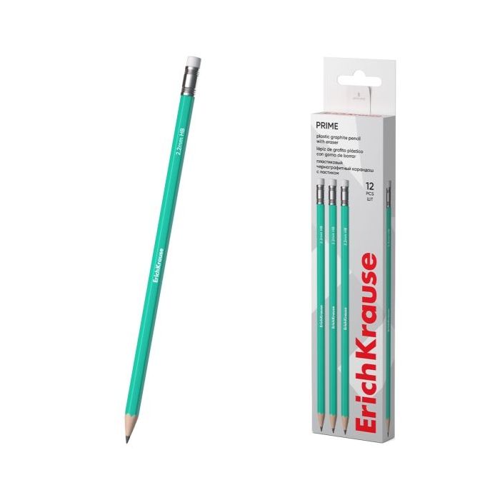 ErichKrause Prime Lapiz de Grafito con Goma de Borrar - Mina HB de 2.2mm - Cuerpo Hexagonal - Plastico - Agarre Ergonomico - Col