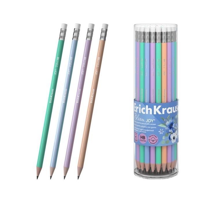 ErichKrause JOY Pastel Bloom Lapiz de Grafito con Goma de Borrar - Mina HB - Cuerpo Redondo - Plastico - Agarre Ergonomico - Col