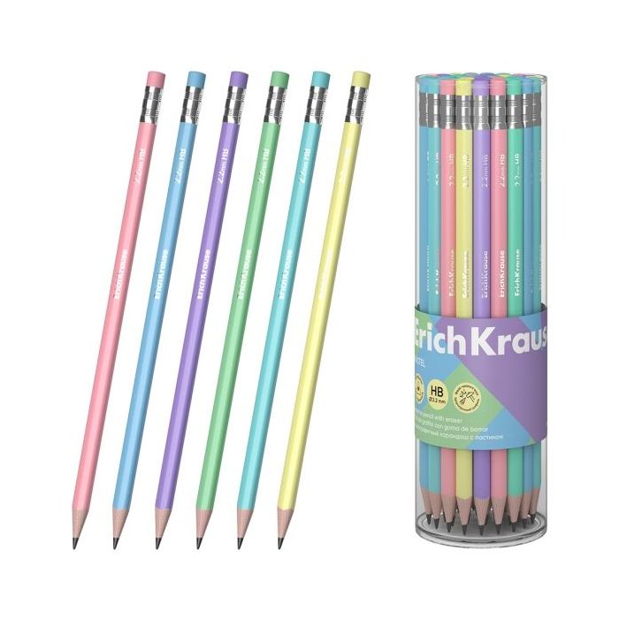 ErichKrause Pastel Lapiz de Grafito con Goma de Borrar - Mina HB - Cuerpo Triangular - Agarre Ergonomico - Colores Surtidos