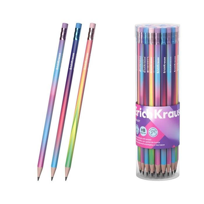 ErichKrause Galaxy Lapiz de Grafito con Goma de Borrar - Mina HB - Cuerpo Triangular - Plastico - Agarre Ergonomico - Faciles de