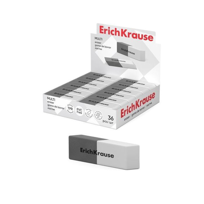 ErichKrause Multi Expositor con 36 Gomas de Borrar - Caucho Termoplastico - Doble Dureza - Abrasivo para Tinta - No Deja Residuo