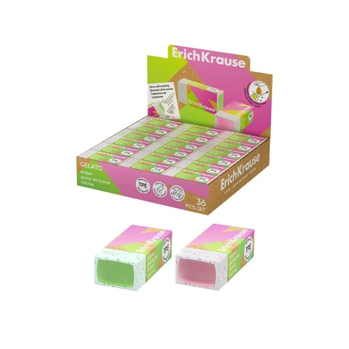 ErichKrause Gelato Expositor con 36 Gomas de Borrar - Caucho Termoplastico - No Deja Residuos - No Rasga el Papel - Libre de PVC