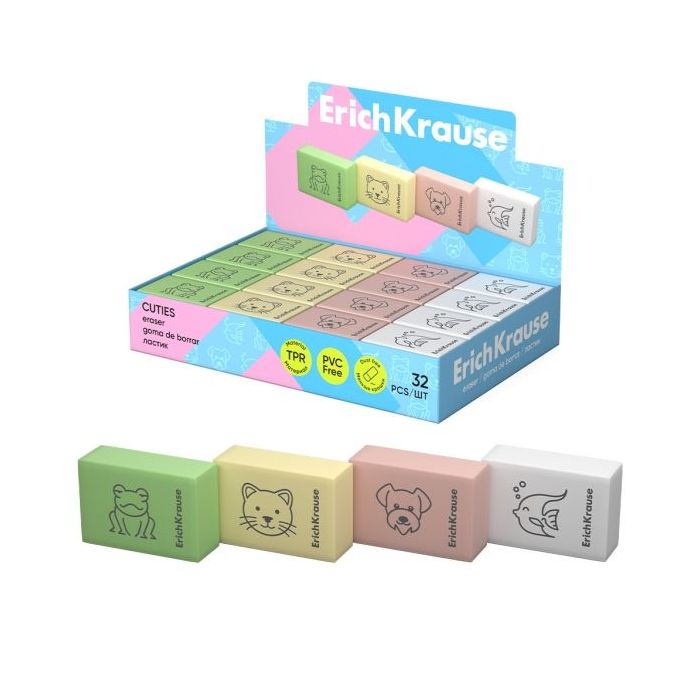 ErichKrause Cuties Expositor con 32 Gomas de Borrar - Caucho Termoplastico - No Deja Residuos - Libre de PVC - Colores Surtidos
