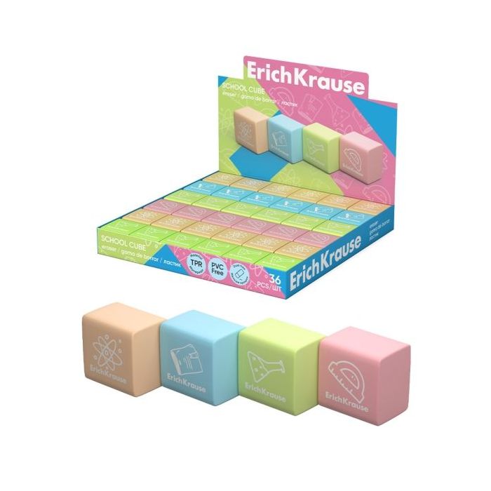 ErichKrause School Cube Expositor con 36 Gomas de Borrar - Caucho Termoplastico - No Deja Residuos - No Rasga el Papel - Libre d