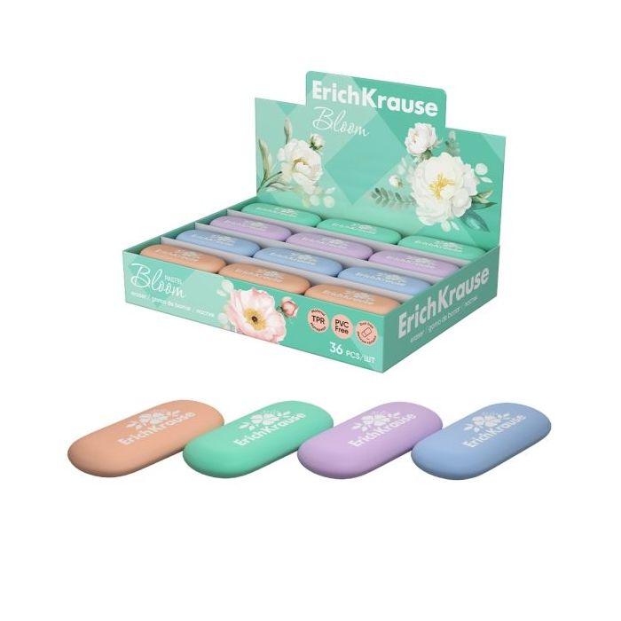 ErichKrause Pastel Bloom Expositor con 36 Gomas de Borrar - Caucho Termoplastico - No Deja Residuos - No Rasga el Papel - Libre