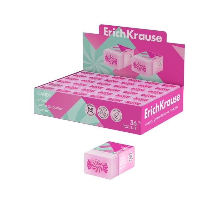 ErichKrause Candy Expositor con 36 Gomas de Borrar - PVC Ecologico - No Deja Residuos - No Rasga el Papel - Color Varios